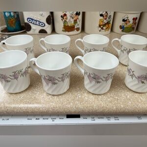 Corelle Wisteria Corningware Usa Mugs 8 Vintage Cups White and Purple Flowers